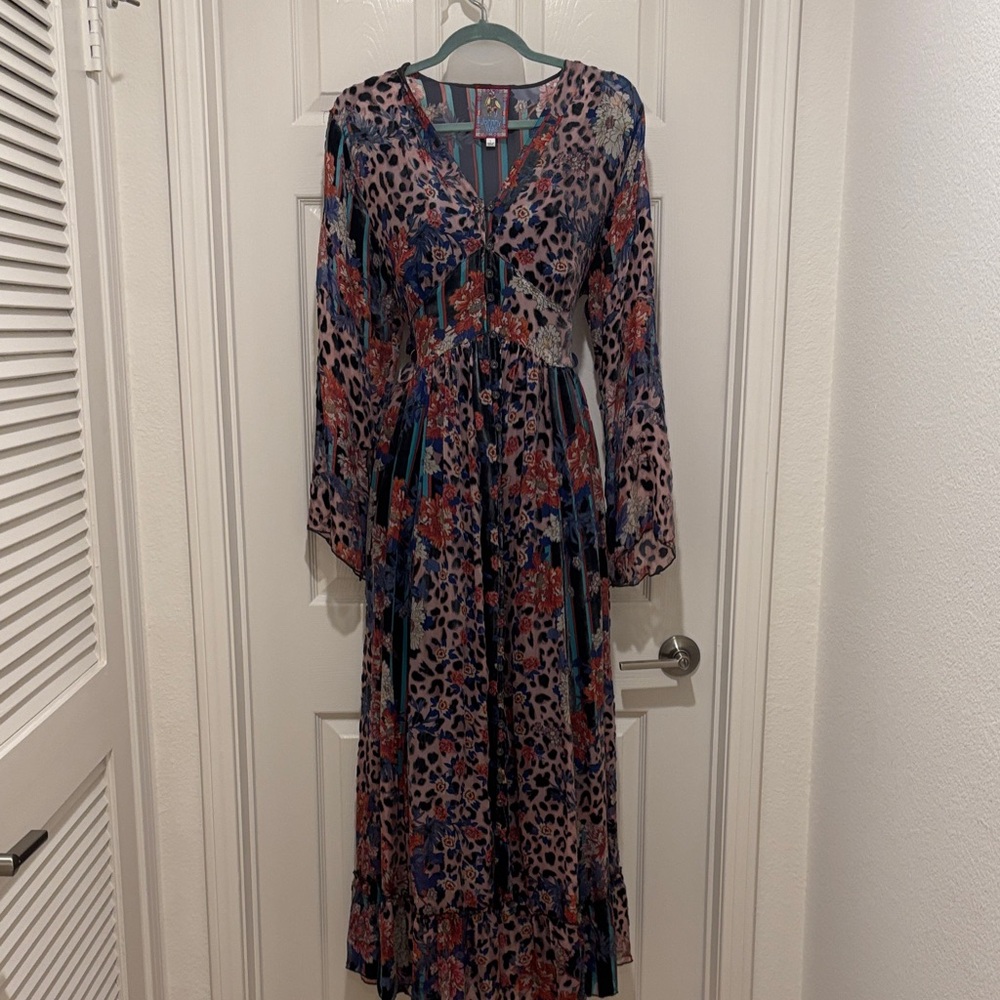 Johnny Was Vibrant Leopard and Floral Long Sleeve Dress